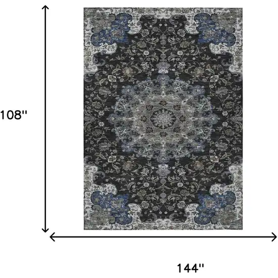 Black And Charcoal Floral Medallion Washable Indoor Outdoor Area Rug Photo 7