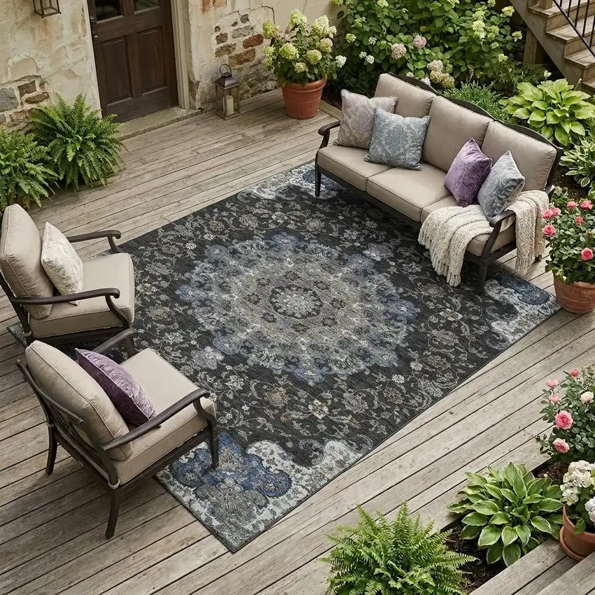 Black And Charcoal Floral Medallion Washable Indoor Outdoor Area Rug Photo 1