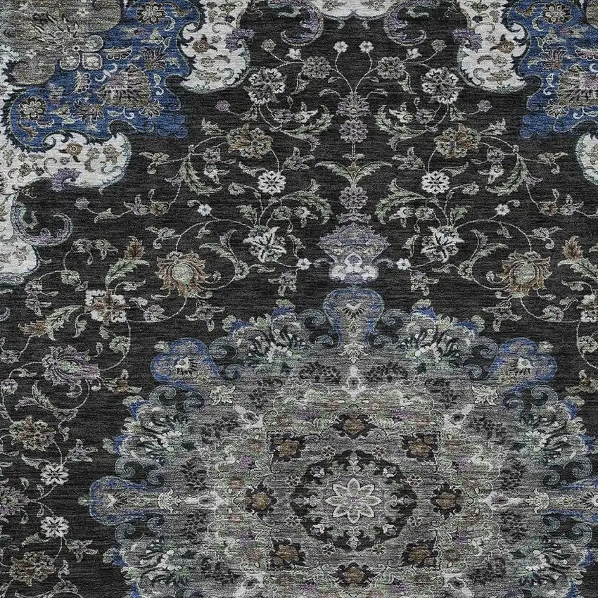 Black And Charcoal Floral Medallion Washable Indoor Outdoor Area Rug Photo 3