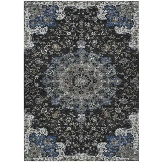 Black And Charcoal Floral Medallion Washable Indoor Outdoor Area Rug Photo 2