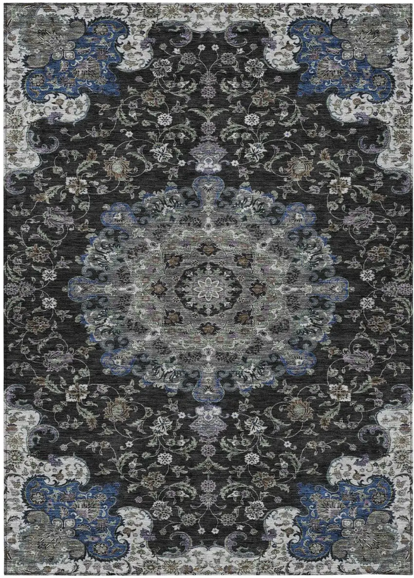 Black And Charcoal Floral Medallion Washable Indoor Outdoor Area Rug Photo 2
