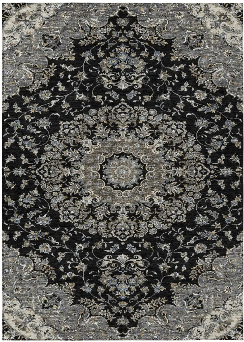 Black And Charcoal Floral Medallion Washable Indoor Outdoor Area Rug Photo 2