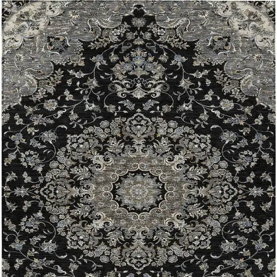 Black And Charcoal Floral Medallion Washable Indoor Outdoor Area Rug Photo 4