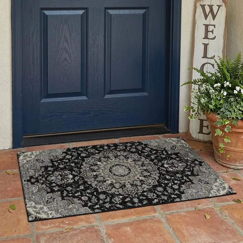 Black And Charcoal Floral Medallion Washable Indoor Outdoor Area Rug Photo 1