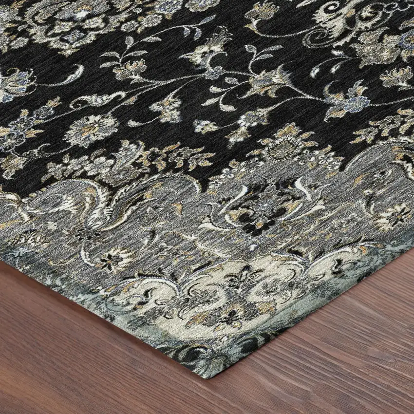 Black And Charcoal Floral Medallion Washable Indoor Outdoor Area Rug Photo 5