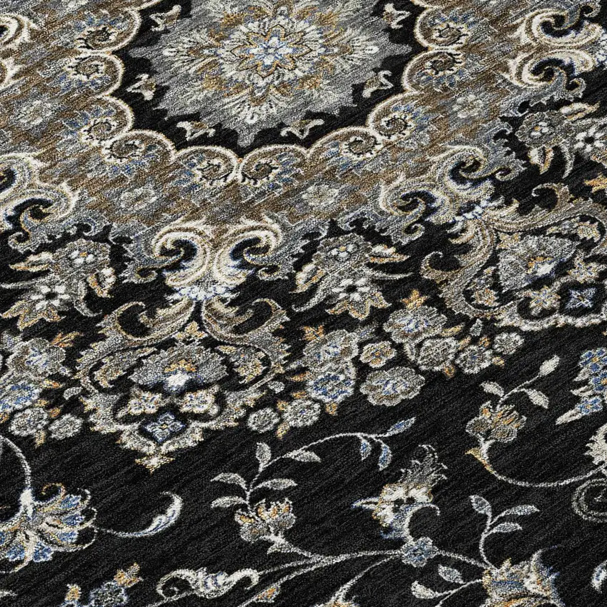 Black And Charcoal Floral Medallion Washable Indoor Outdoor Area Rug Photo 6