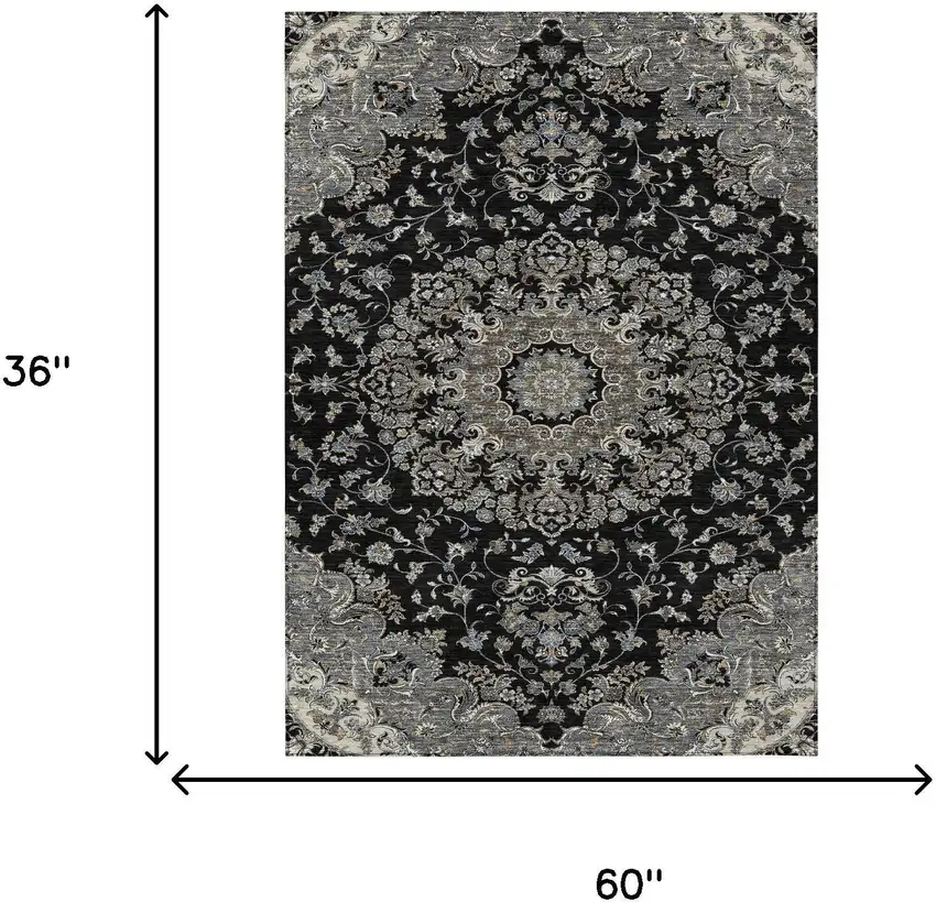 Black And Charcoal Floral Medallion Washable Indoor Outdoor Area Rug Photo 7