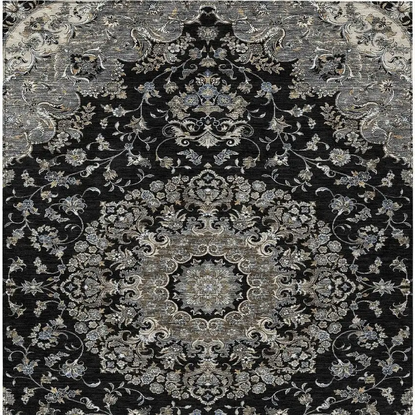 Black And Charcoal Floral Medallion Washable Indoor Outdoor Area Rug Photo 4