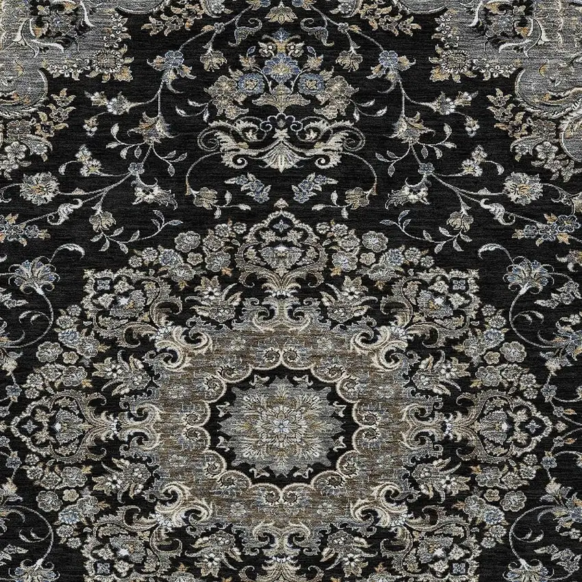 Black And Charcoal Floral Medallion Washable Indoor Outdoor Area Rug Photo 3