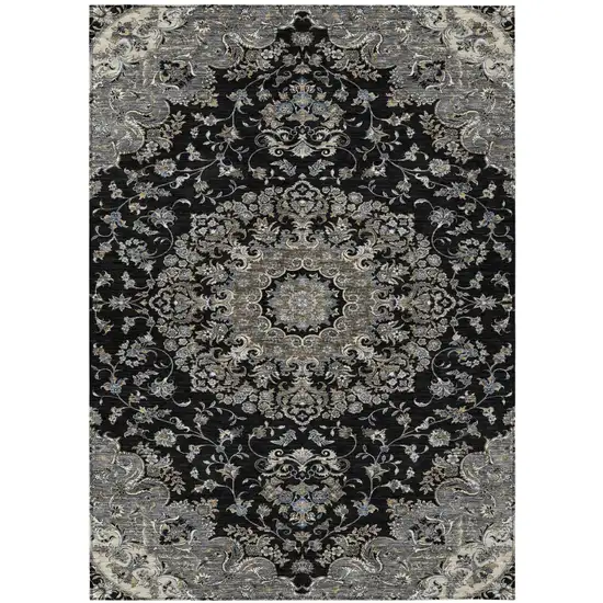 Black And Charcoal Floral Medallion Washable Indoor Outdoor Area Rug Photo 2