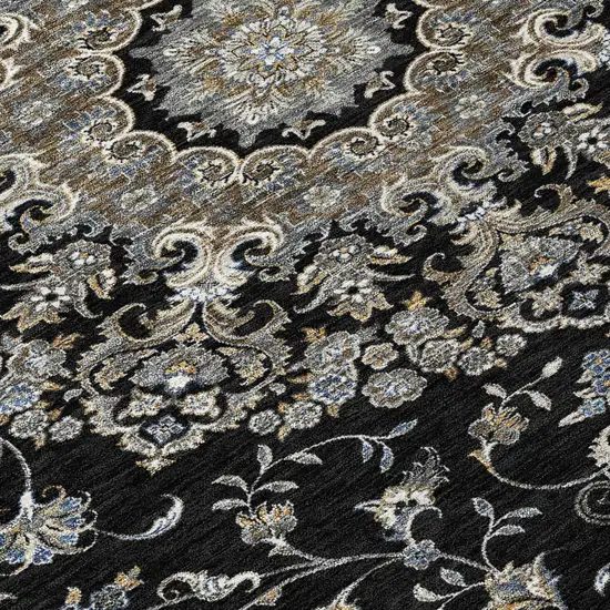 Black And Charcoal Floral Medallion Washable Indoor Outdoor Area Rug Photo 6