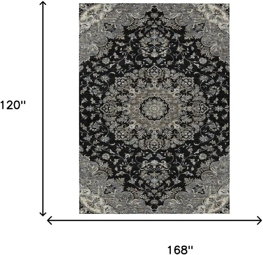 Black And Charcoal Floral Medallion Washable Indoor Outdoor Area Rug Photo 7
