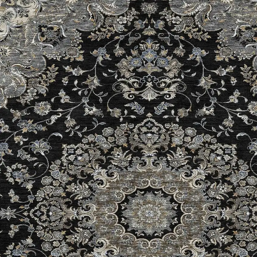 Black And Charcoal Floral Medallion Washable Indoor Outdoor Area Rug Photo 3