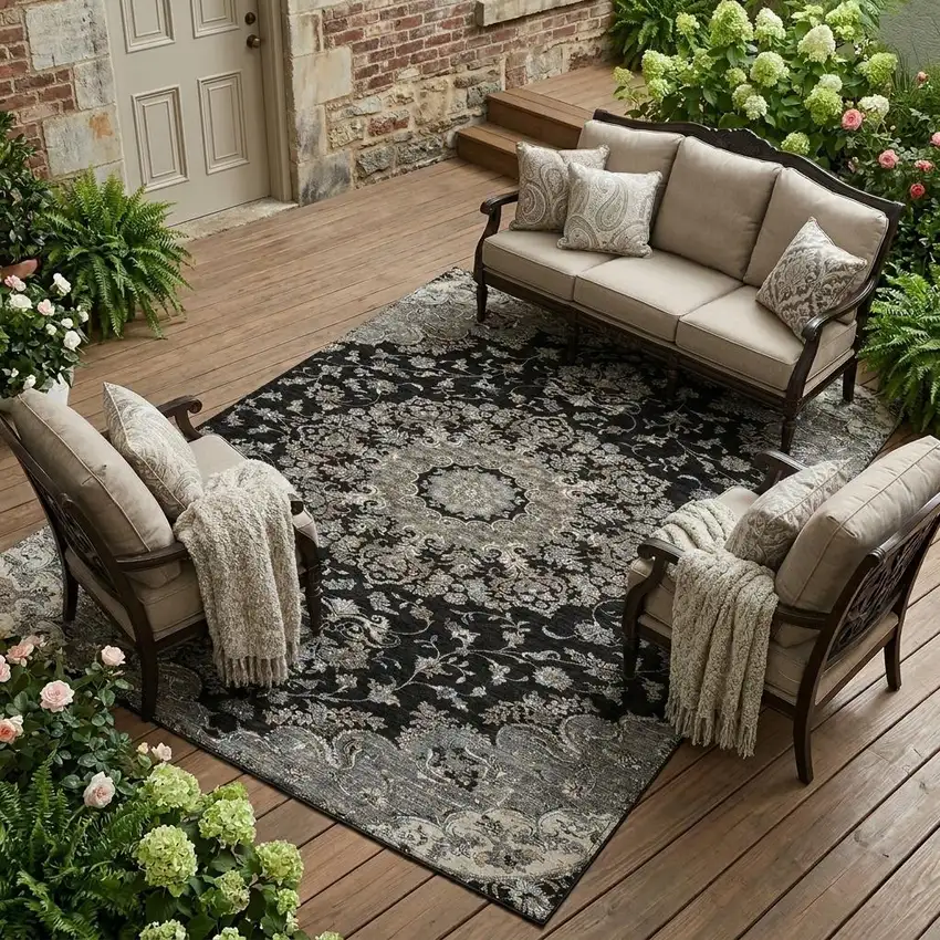 Black And Charcoal Floral Medallion Washable Indoor Outdoor Area Rug Photo 1