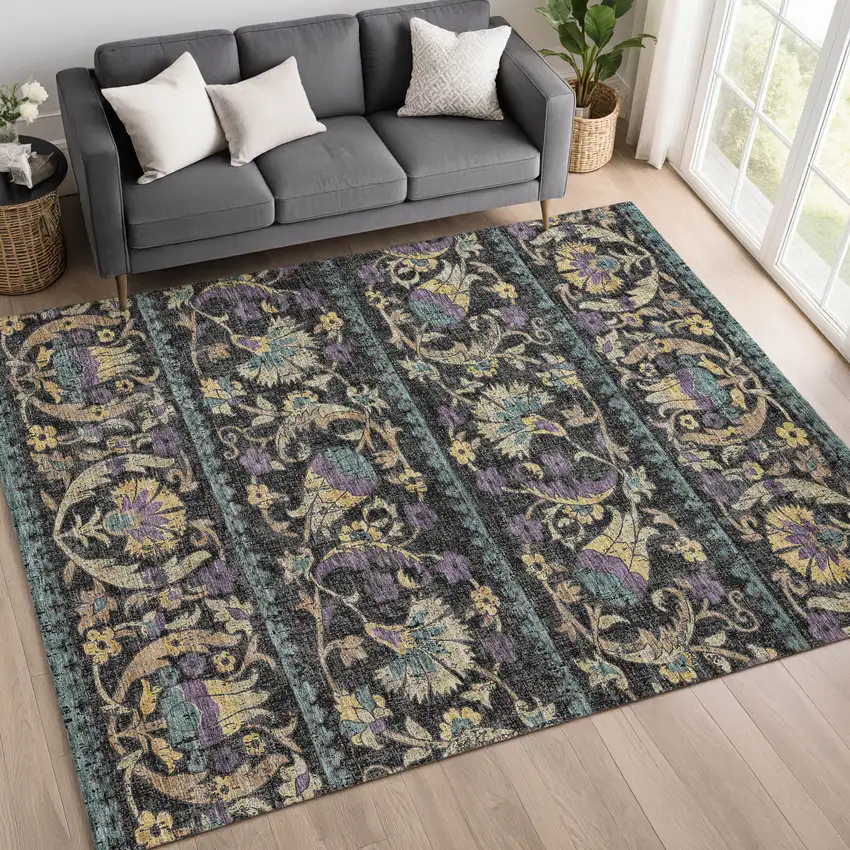 Black And Charcoal Floral Washable Indoor Outdoor Area Rug Photo 6