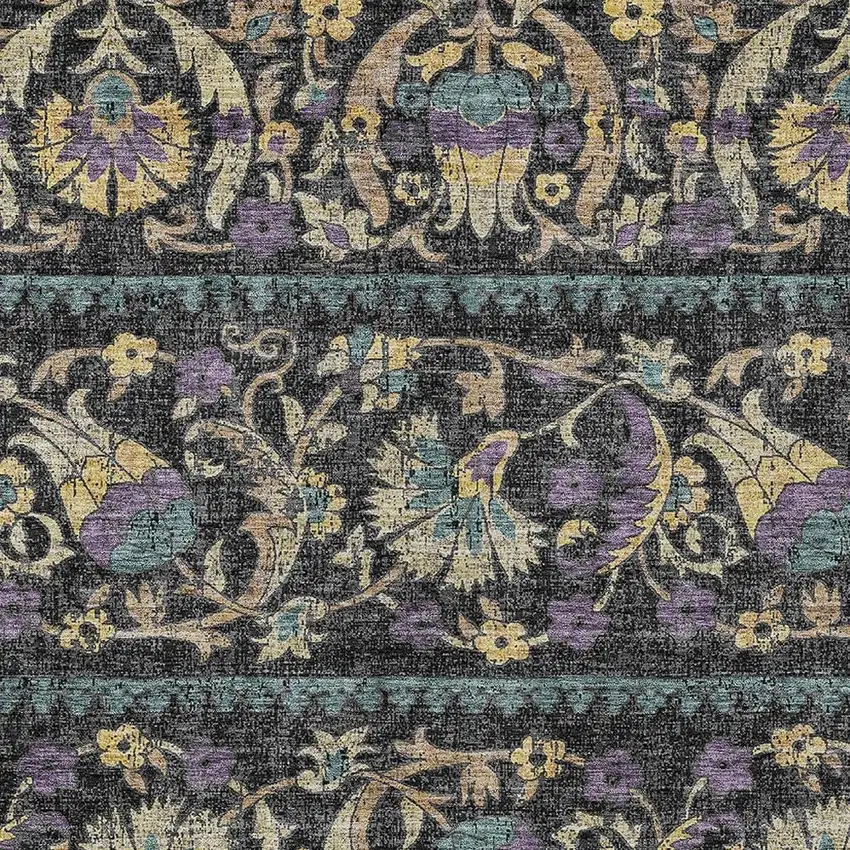 Black And Charcoal Floral Washable Indoor Outdoor Area Rug Photo 2