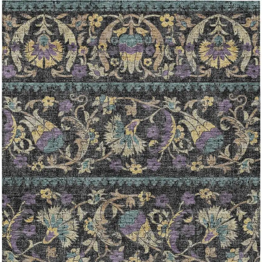 Black And Charcoal Floral Washable Indoor Outdoor Area Rug Photo 3