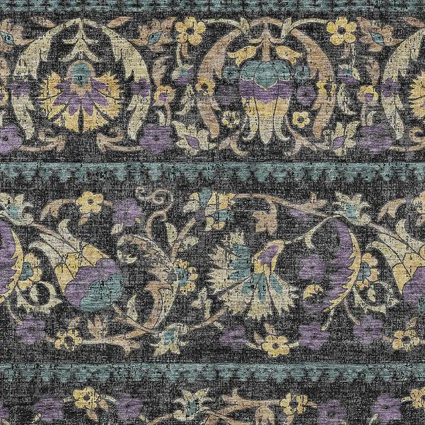 Black And Charcoal Floral Washable Indoor Outdoor Area Rug Photo 2