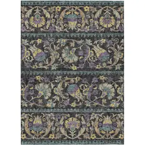 Photo of Black And Charcoal Floral Washable Indoor Outdoor Area Rug