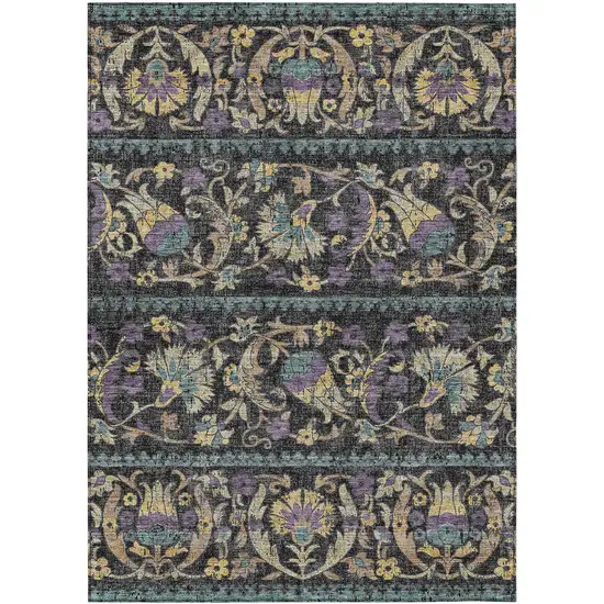 Black And Charcoal Floral Washable Indoor Outdoor Area Rug Photo 1