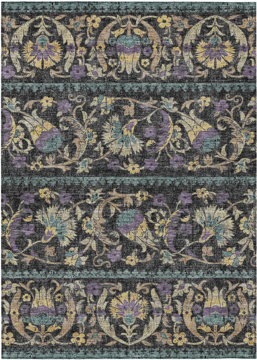 Black And Charcoal Floral Washable Indoor Outdoor Area Rug Photo 1
