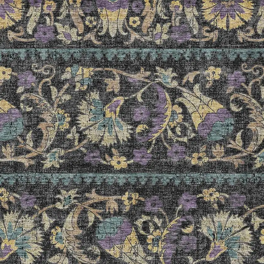 Black And Charcoal Floral Washable Indoor Outdoor Area Rug Photo 2