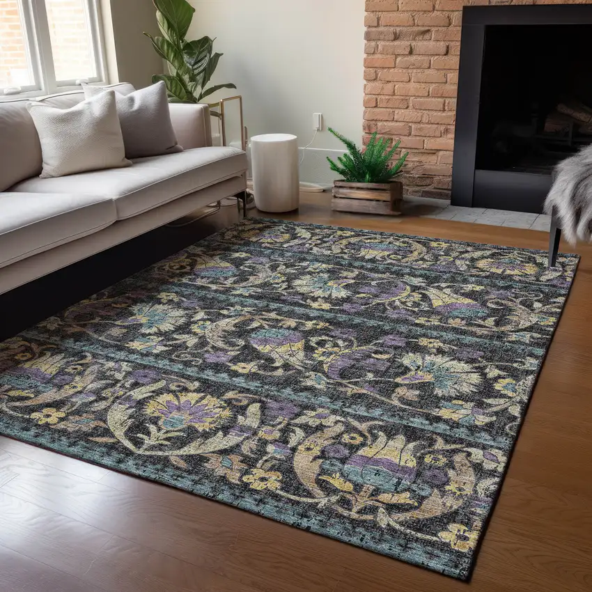 Black And Charcoal Floral Washable Indoor Outdoor Area Rug Photo 5