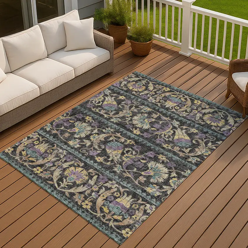 Black And Charcoal Floral Washable Indoor Outdoor Area Rug Photo 7