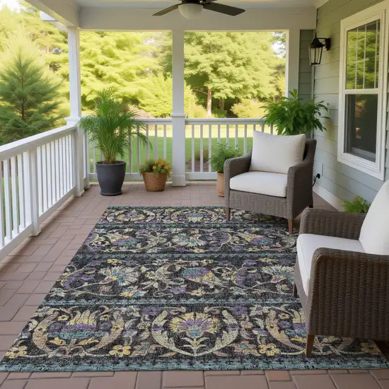 Black And Charcoal Floral Washable Indoor Outdoor Area Rug Photo 4