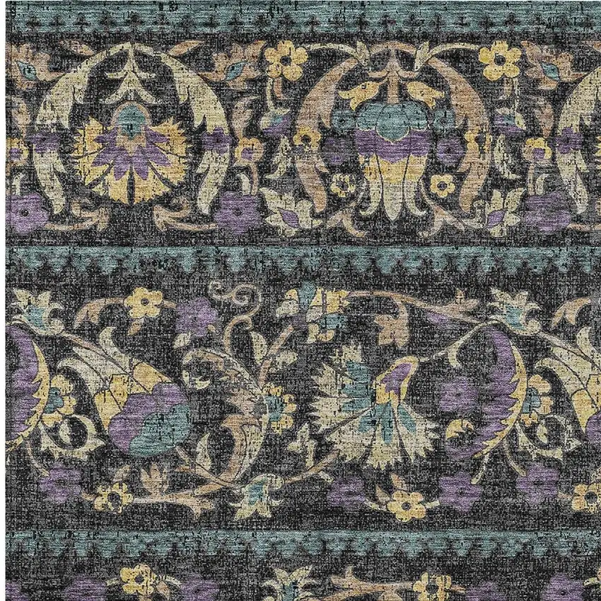 Black And Charcoal Floral Washable Indoor Outdoor Area Rug Photo 2