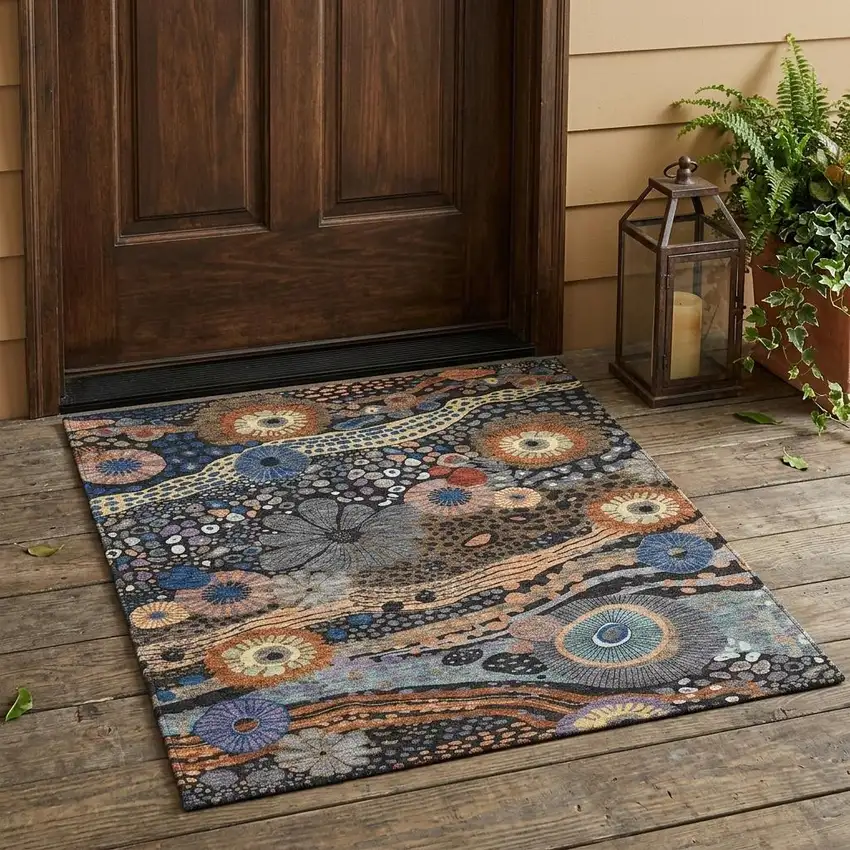 Black And Charcoal Floral Washable Indoor Outdoor Area Rug Photo 1