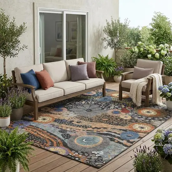 Black And Charcoal Floral Washable Indoor Outdoor Area Rug Photo 1