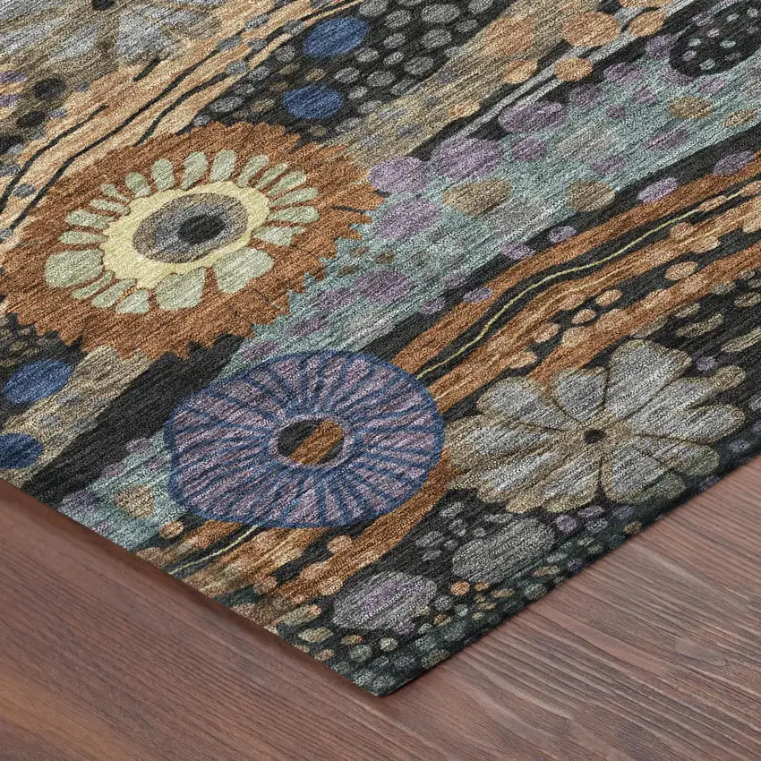 Black And Charcoal Floral Washable Indoor Outdoor Area Rug Photo 5