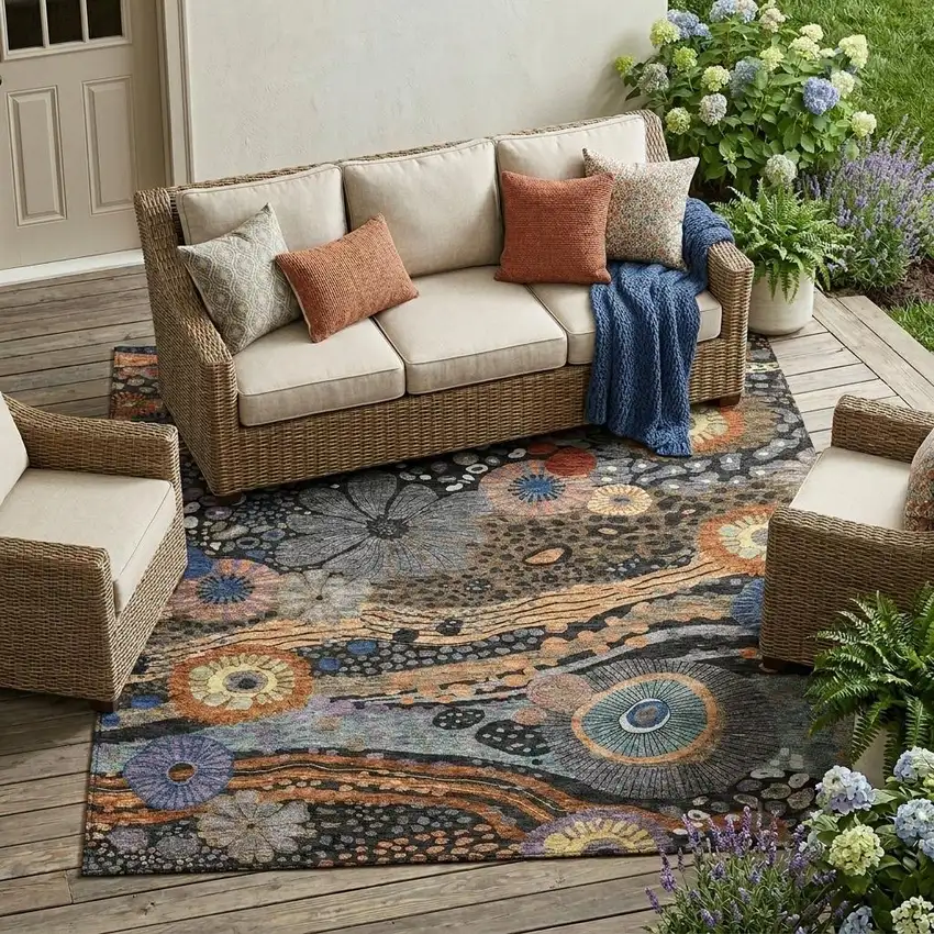 Black And Charcoal Floral Washable Indoor Outdoor Area Rug Photo 1