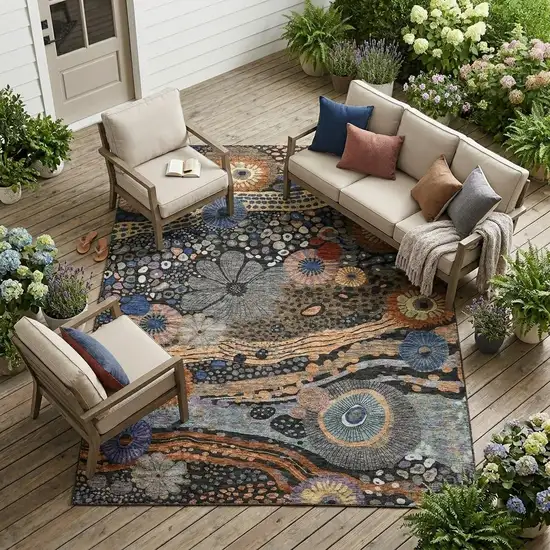 Black And Charcoal Floral Washable Indoor Outdoor Area Rug Photo 1
