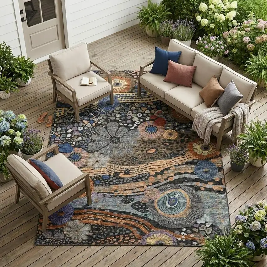Black And Charcoal Floral Washable Indoor Outdoor Area Rug Photo 1