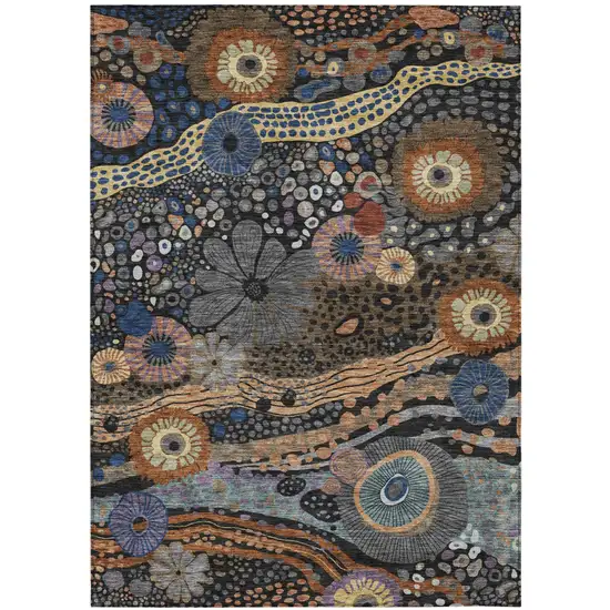 Black And Charcoal Floral Washable Indoor Outdoor Area Rug Photo 2