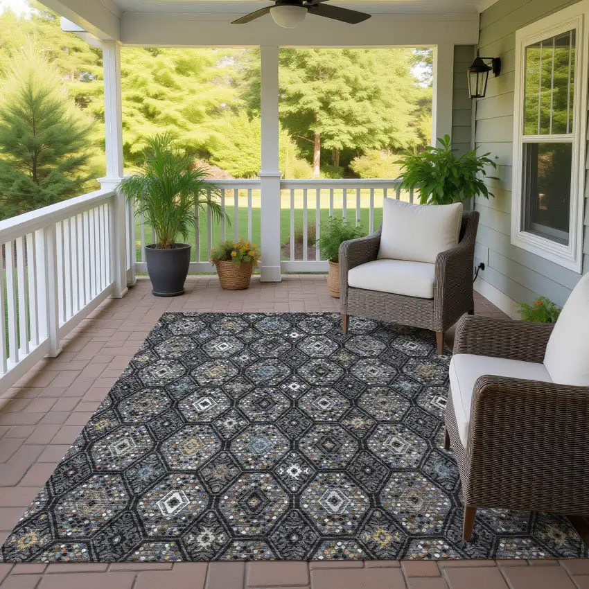 Black And Charcoal Geometric Washable Indoor Outdoor Area Rug Photo 4