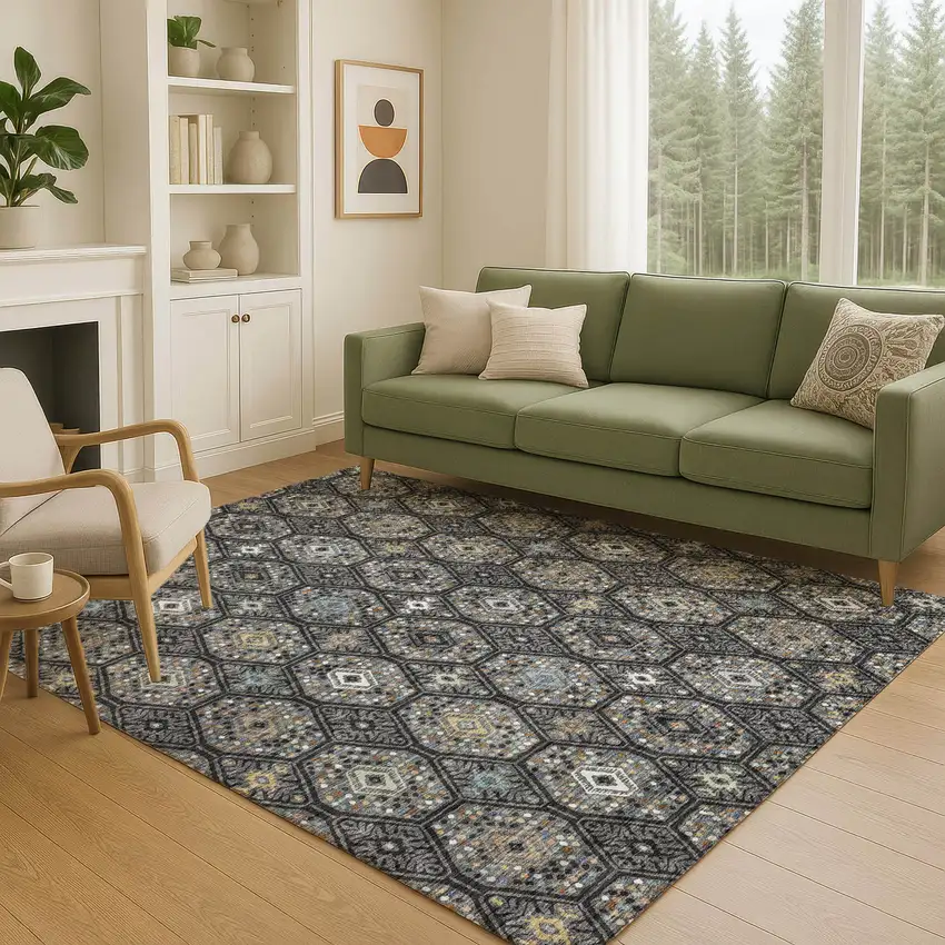 Black And Charcoal Geometric Washable Indoor Outdoor Area Rug Photo 5