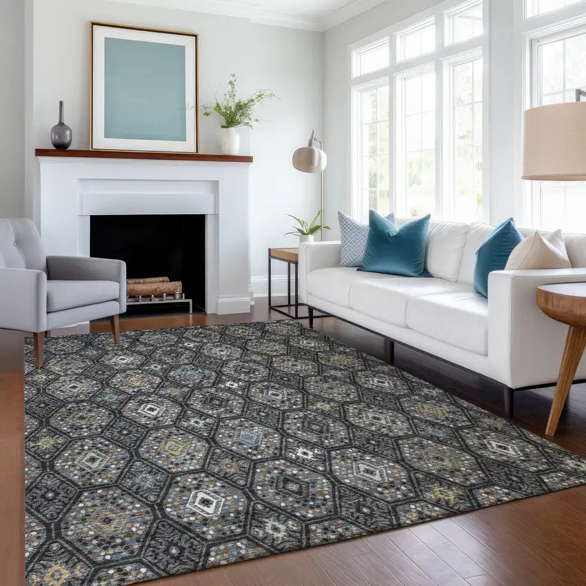 Black And Charcoal Geometric Washable Indoor Outdoor Area Rug Photo 6