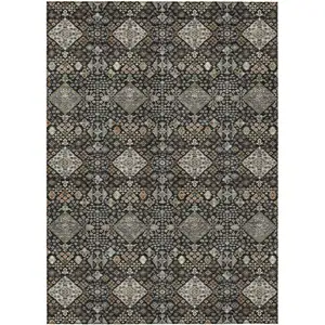 Photo of Black And Charcoal Geometric Washable Indoor Outdoor Area Rug