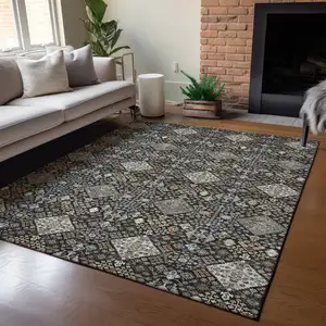 Photo of Black And Charcoal Geometric Washable Indoor Outdoor Area Rug