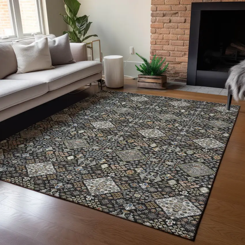 Black And Charcoal Geometric Washable Indoor Outdoor Area Rug Photo 5