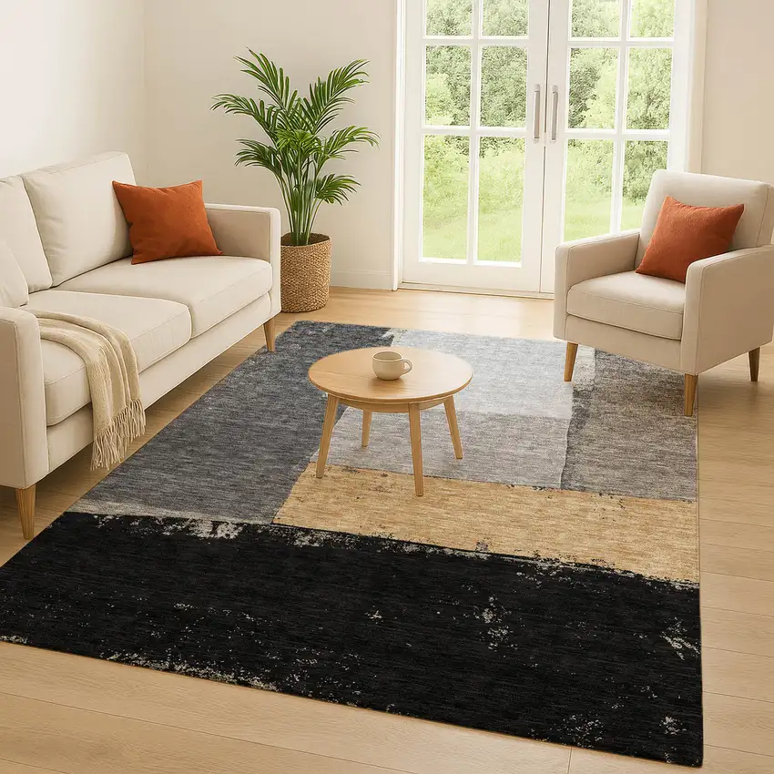 Black And Charcoal Geometric Washable Indoor Outdoor Area Rug Photo 5