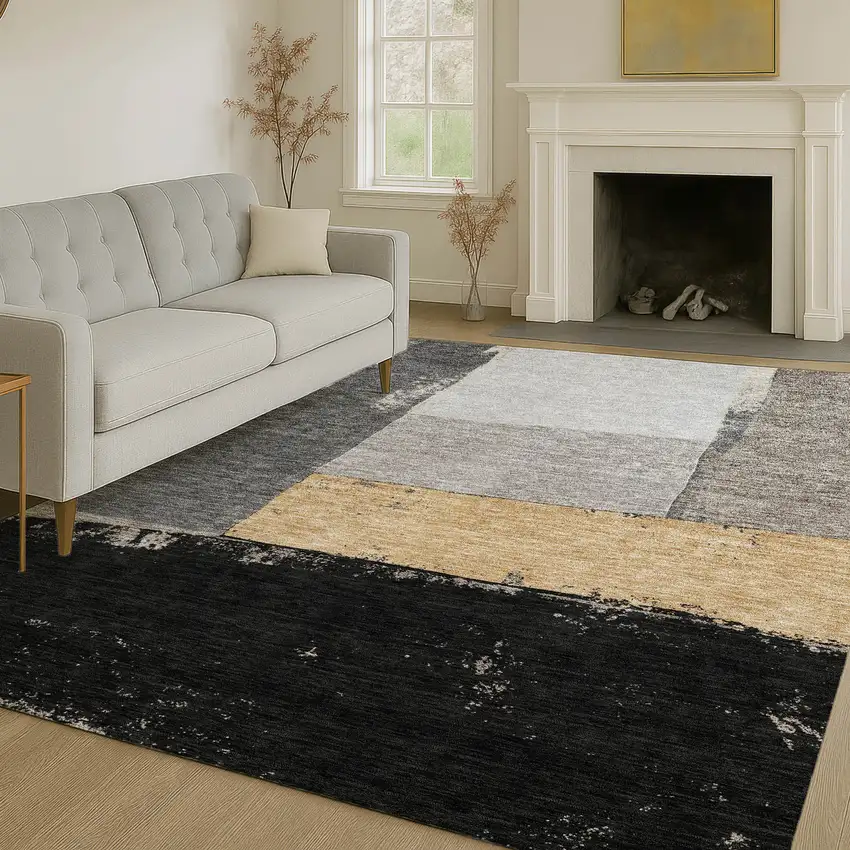 Black And Charcoal Geometric Washable Indoor Outdoor Area Rug Photo 5
