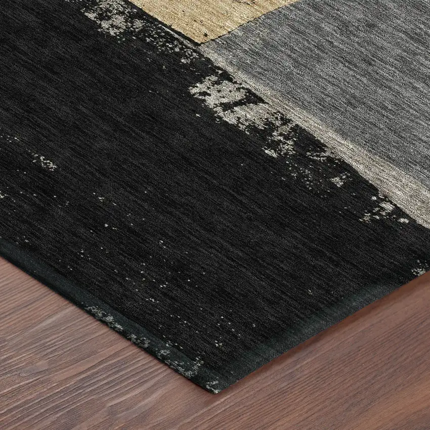 Black And Charcoal Geometric Washable Indoor Outdoor Area Rug Photo 1