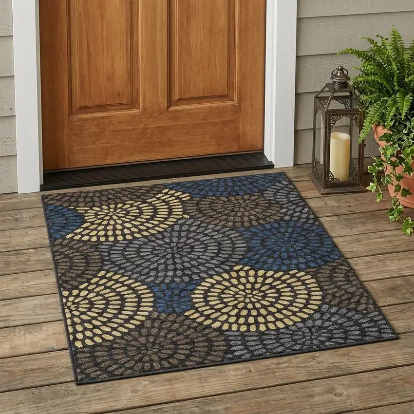 Black And Charcoal Geometric Washable Indoor Outdoor Area Rug Photo 1
