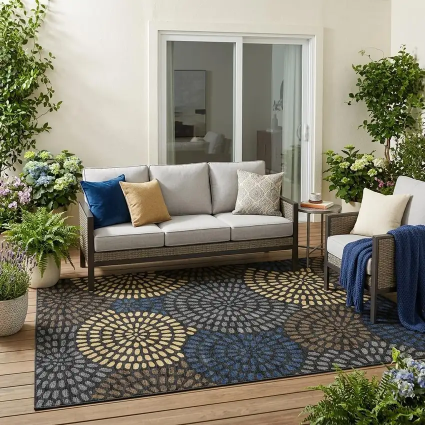 Black And Charcoal Geometric Washable Indoor Outdoor Area Rug Photo 1