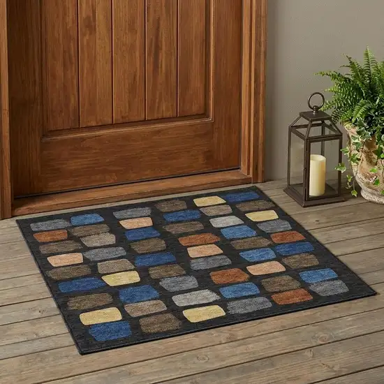 Black And Charcoal Geometric Washable Indoor Outdoor Area Rug Photo 1
