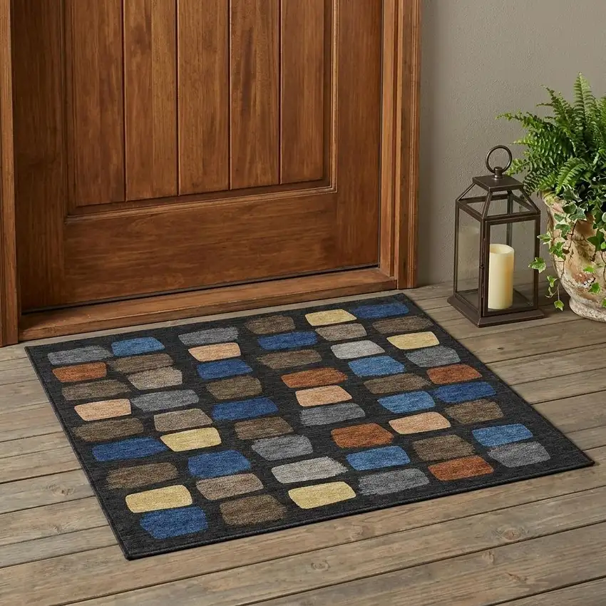 Black And Charcoal Geometric Washable Indoor Outdoor Area Rug Photo 1
